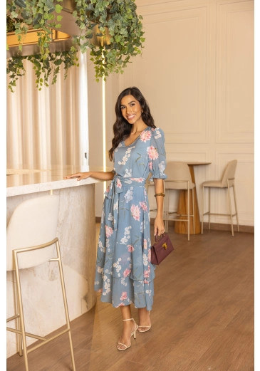 Vestido Laiz Em Toque De Seda E Musseline Estampa Exclusiva Azul Jany Pim Primavera/Verão 2026