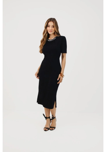 Vestido Lana Em Malha Canelada Preto Nítido Primavera/Verão 2026