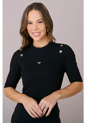 Blusa Daniela Canelado Soft Preta Tatá Martello Outono/Inverno 2025