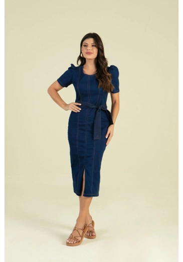Vestido Jeans Midi Mangas Bufantes Com Abertura Frontal Hadaza Alto Verão 2024