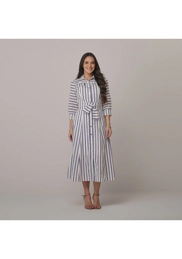 Vestido Safira Em Algodão Listrado Azul Tata Martello  Outono/Inverno 2026