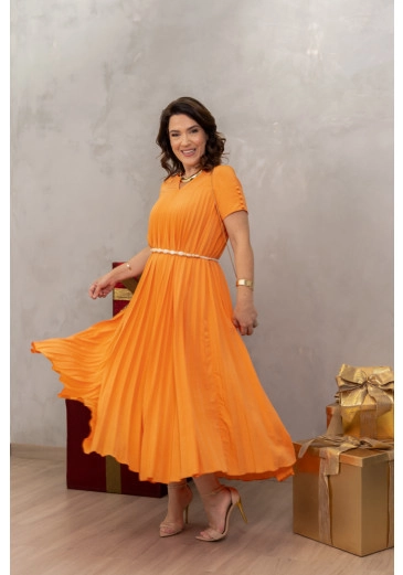 Vestido Max Plissado Em Crepe Com Cinto Laranja Luciana Pais Alto Verão 2025