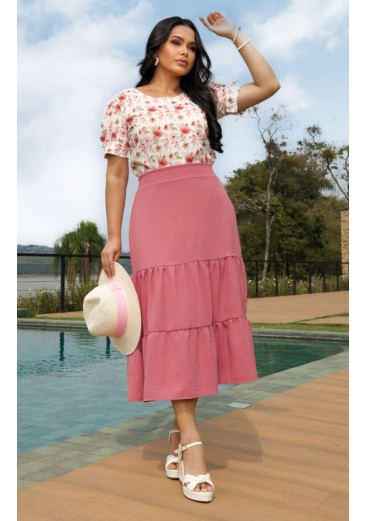 Saia Jamily Em Crepe Rose Maria Amore Primavera/Verão 2025