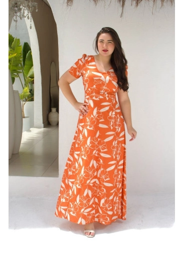 Vestido Stefânia Longo Em Sedinha Estampada Laranja Maria Amore Alto Verão 2025