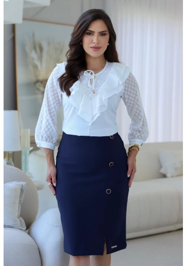 Blusa Paola Em  Crepe Pele de Pêssego Branco Maria Amore Primavera/Verão 2026