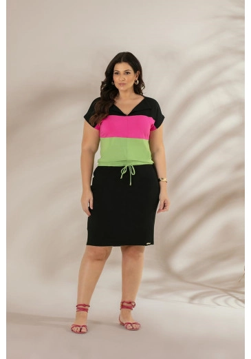 Conjunto Plus Size Preto Confeccionado Em Malha Lisa Hadaza Primavera/Verão 2024