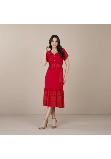 Vestido Cleide Em Marquesa Com Bordado Vermelho Tatá Martello Primavera/Verão 2025