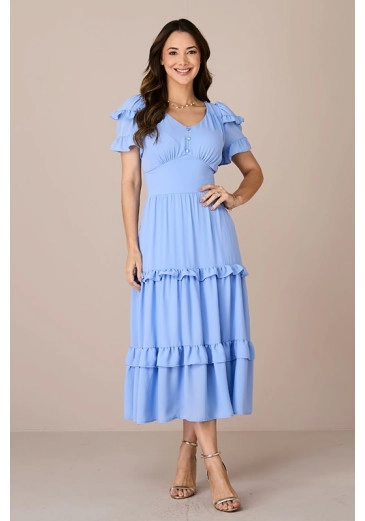 Vestido Juliana em Crepe New Azul Tatá Martello Alto Verão 2025 