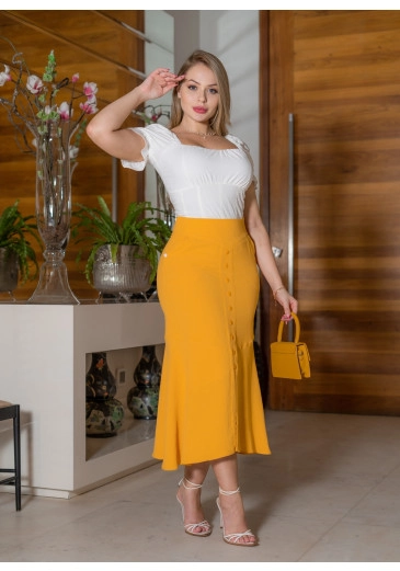 Saia Midi Em Crepe Amarelo Kauly Outono/Inverno 2023