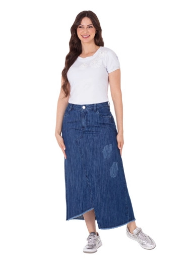 Saia Sabrina Jeans Escuro com Barra Assimétrica Hapuk Primavera/Verão 2025 