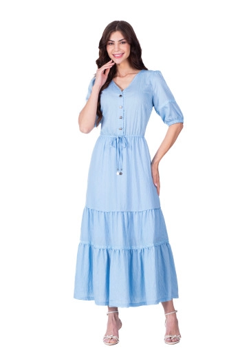 Vestido Roseli Em Tecido Plano Maquinetado Azul Hapuk Primavera/Verão 2026