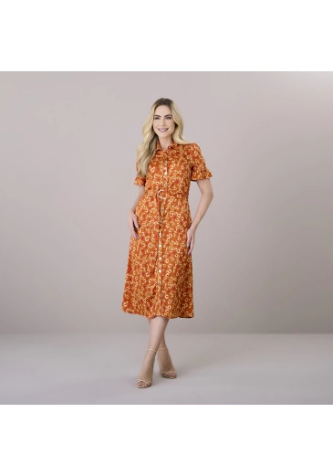 Vestido Bruna Em Crepe Veneza Estampado Laranja Tatá Martello Outono/Inverno 2025