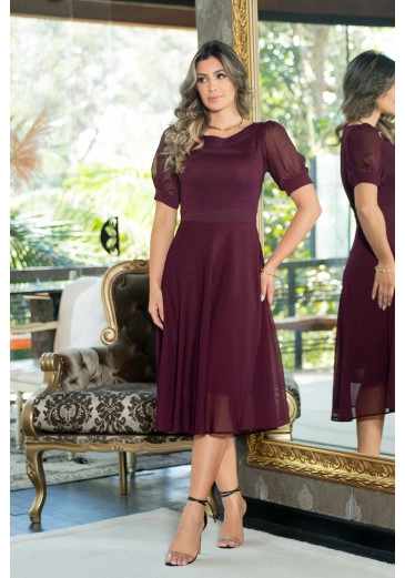 Vestido Lady Like Bufante Em Chifon Vinho Luciana Pais Primavera/Verão 2024
