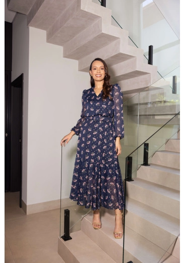 Vestido Leticia Em Madelaine Com Lurex Azul Marinho Jany Pim Primavera/Verão 2026