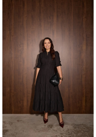 Vestido Nayara Em Lasie Preto Jany Pim Outono/Inverno 2026