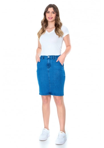 Saia Jeans Elástico Na Cintura E Bolso Faca Mulher Morena Alto Verão 2023