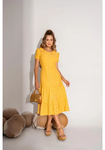 Vestido Clarice Em Laise Malha Midi Amarelo Fagian Alto Verão 2024