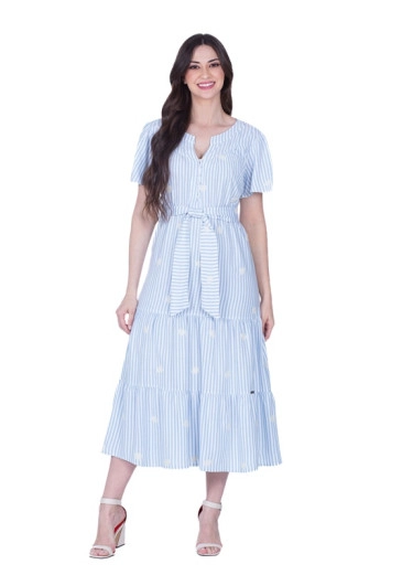 Vestido Lucia em Tecido Plano com Fechamento em Botões e Faixa Azul Hapuk Primavera/Verão 2025 