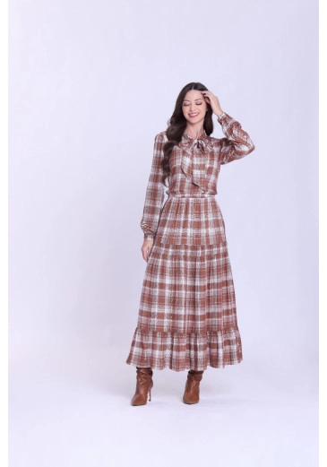 Vestido Celeste Em Tecido Plano Xadrez Caramelo Hapuk Outono/Inverno 2026