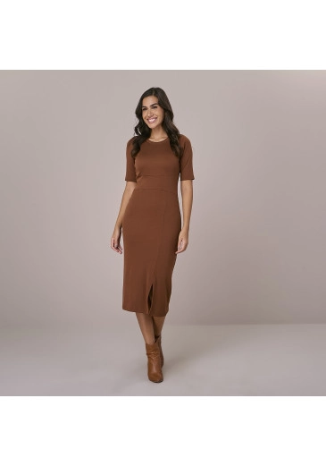 Vestido Lana Em Geo Visco Rib Caramelo Tatá Martello Outono/Inverno 2025