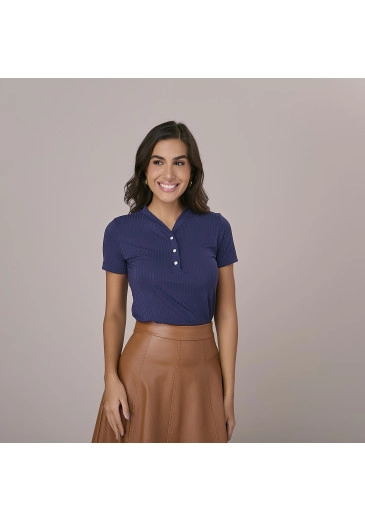 Blusa Leona Em Malha Rib Riviera Azul Marinho Tatá Martello Outono/Inverno 2025
