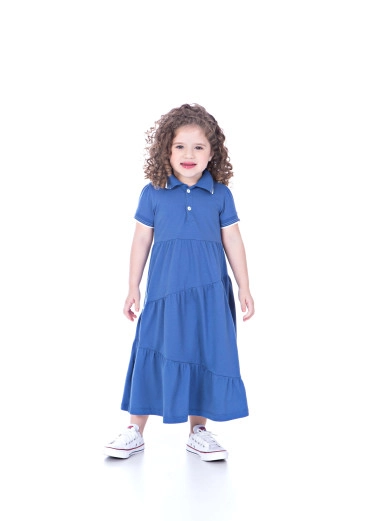 Vestido Queila Infantil Azul Em Malha Com Gola Polo Detalhes Em Friso Hapuk Primavera/Verão 2024