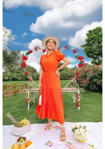  Vestido Lilian Em Viscolinho Manga Princesa Com Cinto Reajustável Laranja Fagian Primavera/Verão 2024