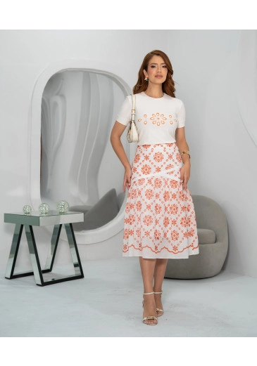 Saia Midi Em Laise Coral Estampada Luciana Pais Primavera/Verão 2026