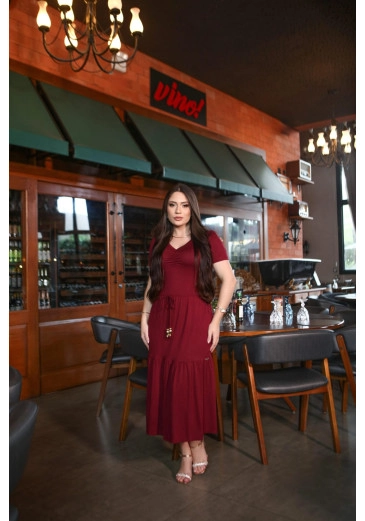 Vestido Em Malha Modal Decote V Evasê Bordô Mulher Morena Outono/Inverno 2025