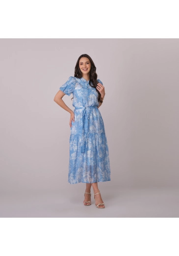 Vestido Juliana Em Silky Voil Floral Azul Tata Martello Primavera/Verão 2026