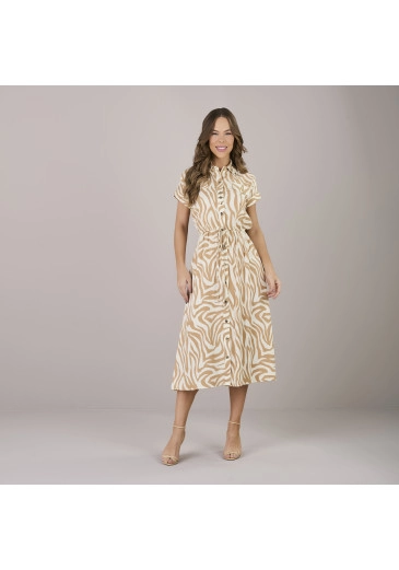 Vestido Geyse Estampado Com Botões Funcionais Em Viscose Rayon Marrom Tatá Martello Alto Verão 2025