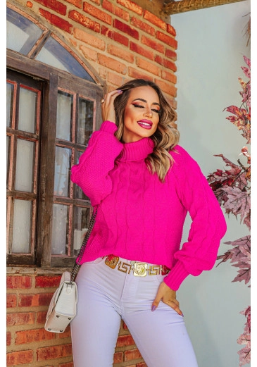 Blusa Madrid Em Tricot Com Detalhes De Trança Com Gola Pink Outono/Inverno 2023